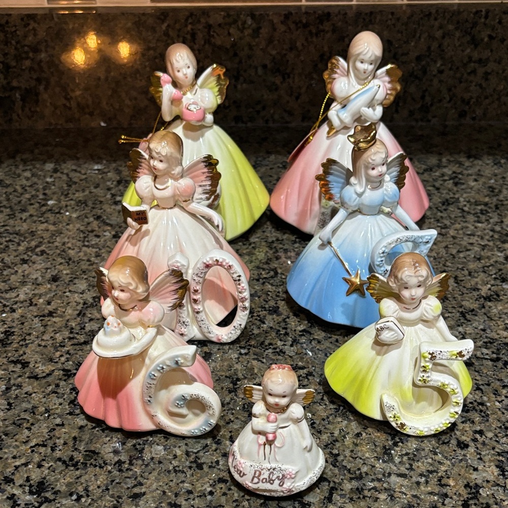 Charming Angel Figurine Collection with Gold Wings-set of 7
